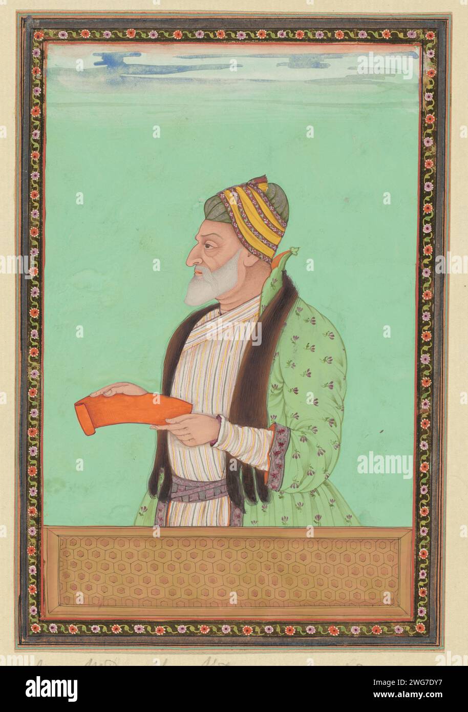 Portrait of Sayyid Muzaffar; At the time of Sultan Abul Hasan, he served as supreme commander (Peshwa), c. 1686 drawing. Indian miniature Sayyid Muzaffar is depicted up to his hips, used to the left, a strip of paper in his hands. Page 28 in the `Witsen-Album ', with 49 Indian miniatures of princes. Above the portrait a piece of paper with the name in Persian. Under the portrait a piece of paper with the name in the Portuguese. Golkonda paper. deck paint. gold leaf. gouache (paint) brush ruler, sovereign. historical person (...) - historical person (...) portrayed alone Stock Photo